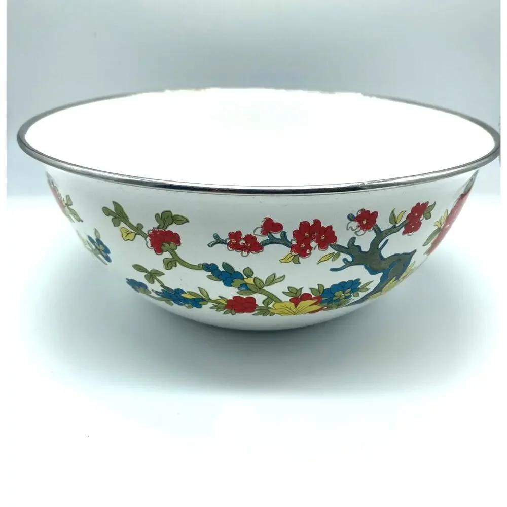 Vintage 1975 Enamelware Bowl with Red Yellow Blue flowers
